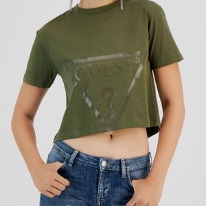 Guess Women's Green Adele Cropped Crewneck T-Shirt Top Size L